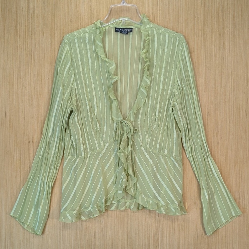 Dialogue Womens Y2K Fairy Babydoll Green Striped Sheer Ruffle 1X Top Tie Front